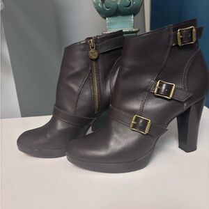 Chic Dark Brown Heeled Boots with Buckle Accents